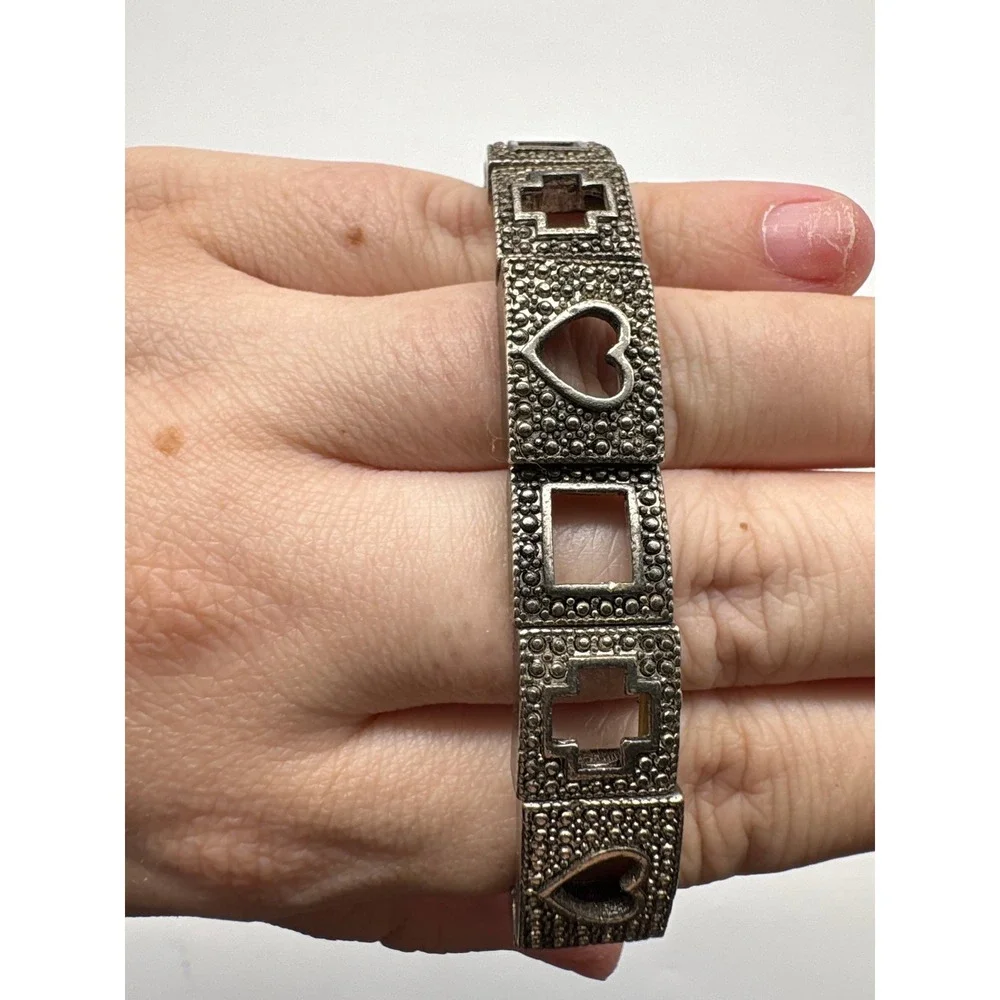 Vintage Silver Tone‎ Stretch Bracelet Heart Cross Square Cut Out Textured